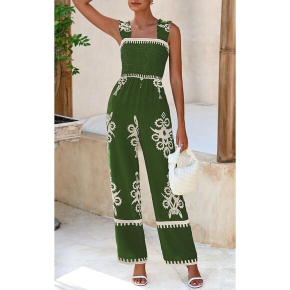 Women's Green Apricot Flower Casual Boho Summer Shirred Strap Rompers Jumpsuit - Picture 5 of 6